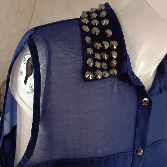 Forever 21 Studded Collar Sheer Navy Mini Dress Large Edgy Party Nightout Retro - Picture 9 of 12